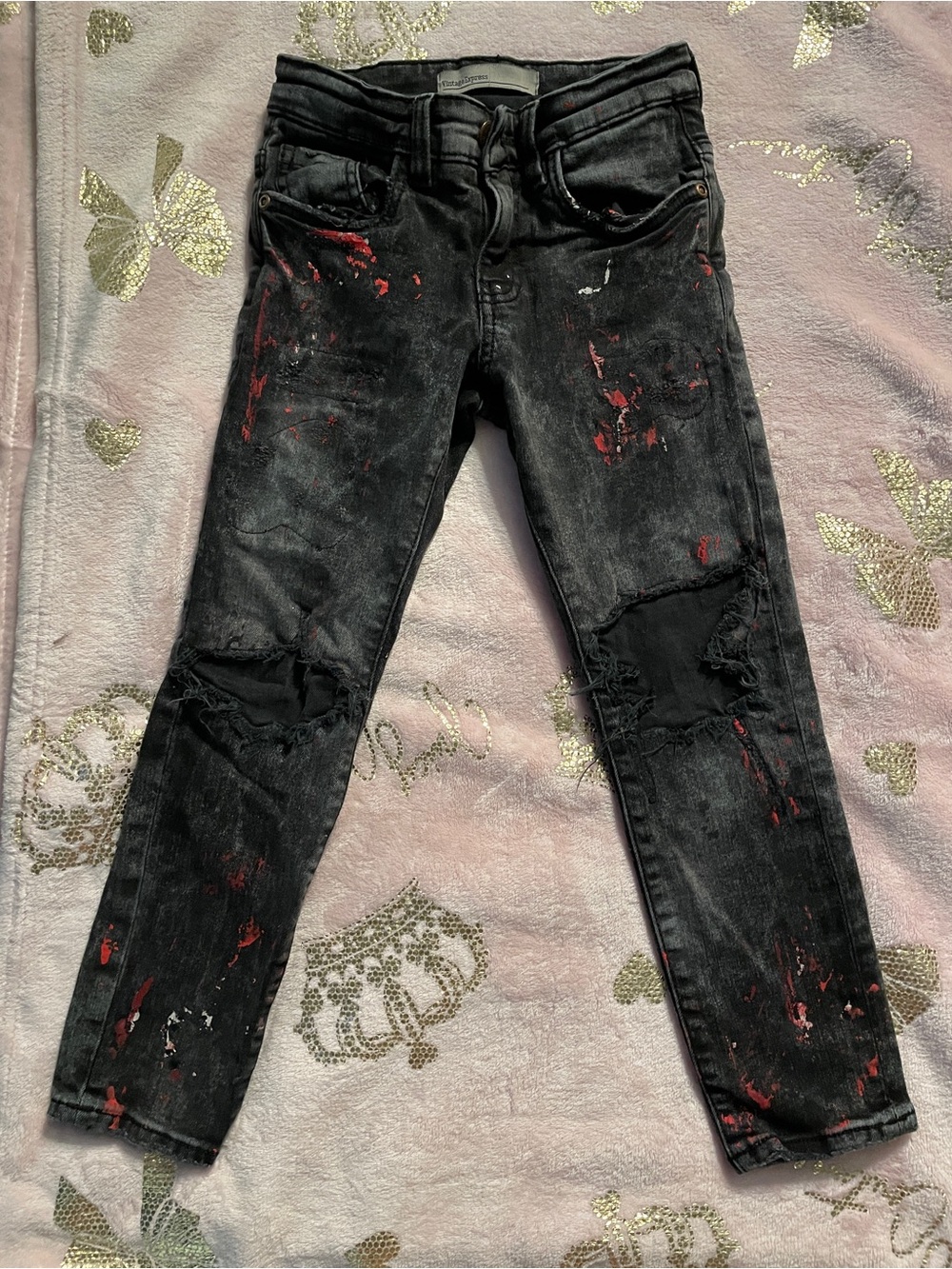Black Distressed Paint-Splatter Slim Jeans - Boys
